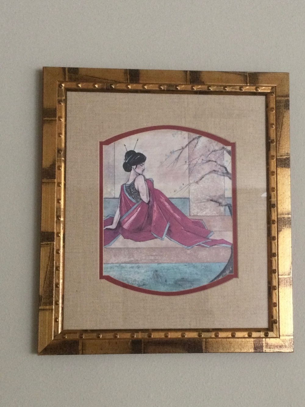 Vintage Japanese Geisha Girl Art Print Framed 16.5" X 14.5"